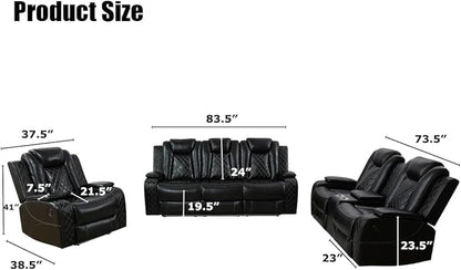Leather Recliner Loveseat Set with LED Light, Power Black Leather Sectional Set, Living Room Furniture Sets 2 Seats, Modern Power Reclining Sofa Sets with Storage Console/Cup Holder for Living Room