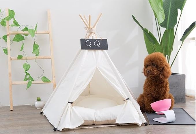 Dog Teepee Bed Cat Tent Portable Houses Pet Puppy with Thick Cushion (L:Size fits 15kg/33lbs (Pets)) | (White, L:Size fits 15kg/33lbs (Pets))
