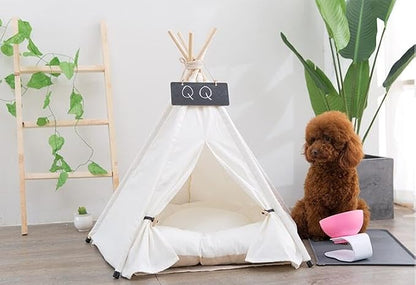 Dog Teepee Bed Cat Tent Portable Houses Pet Puppy with Thick Cushion (L:Size fits 15kg/33lbs (Pets)) | (White, L:Size fits 15kg/33lbs (Pets))