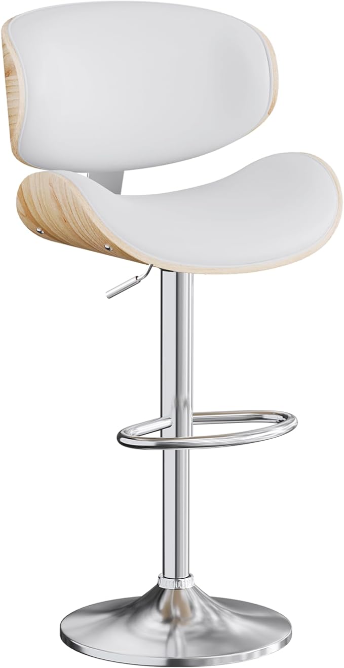 Aowos Bar Stools Set of 3, Adjustable Swivel Leather Bar Stools for Kitchen Island, Mid Century Modern Counter Height Bar Chairs Barstools with Back & Footrest (Cream White)