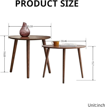 Wayshome 100% Solid Oak Wood Nesting Coffee Table,Mid Century Modern Oval Coffee Tables Set, Round Tables for Living Room, Pebble Side Table for Balcony (Walnut, Combine)