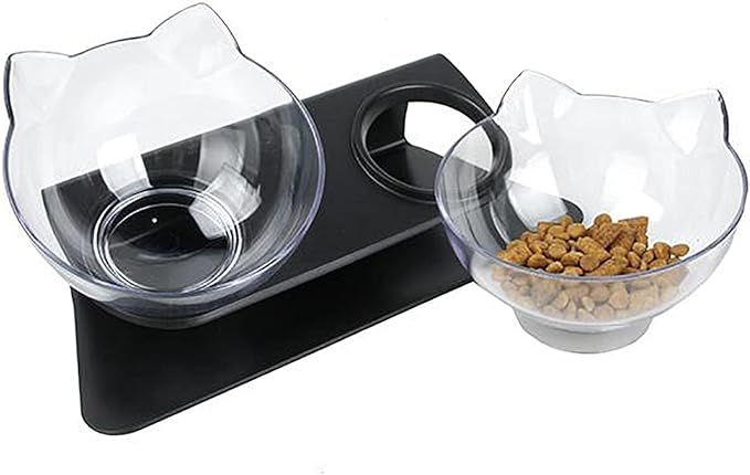 Luck Dawn Double Elevated Cat Bowls with Raised Stand, 15 Tilted cat Bowl Design Neck Guard Stand Raised Pet Food Water Feeder Bowl for Cats or Small Dogs