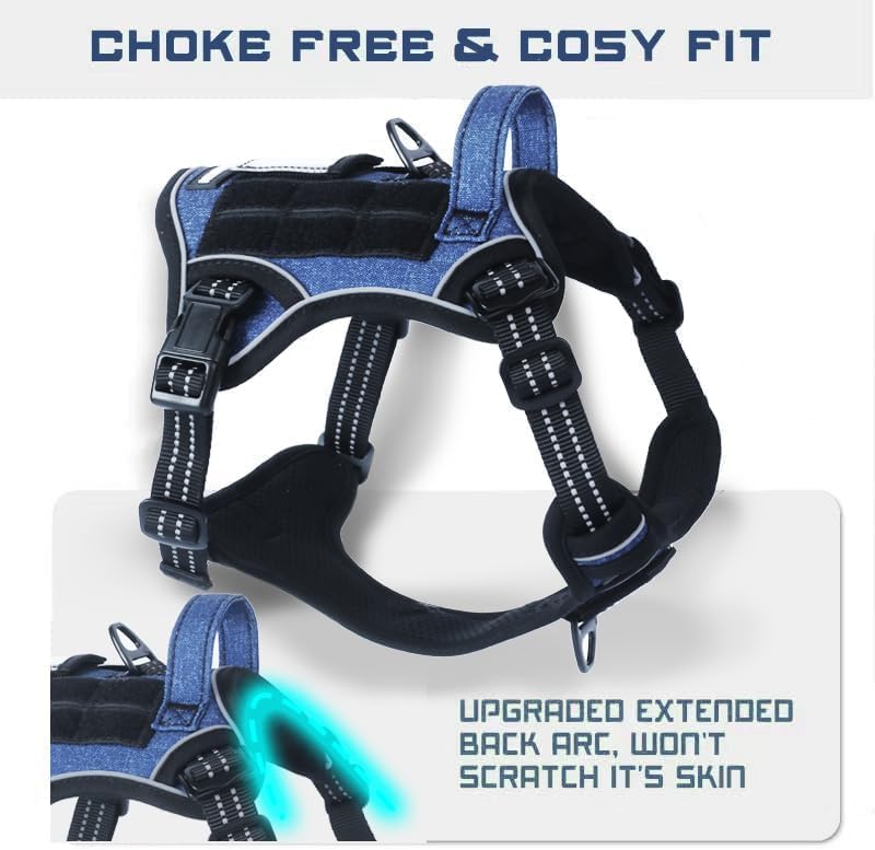 BUMBIN Tactical Dog Harness for Small Dogs No Pull, Famous TIK Tok No Pull Puppy Harness, Fit Smart Reflective Pet Walking Harness for Training, Adjustable Dog Vest Harness with Handle Denim Blue XS