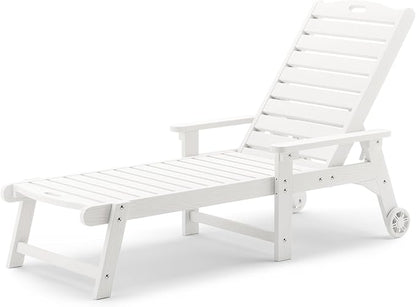 LUE BONA Outdoor Chaise Lounge, HDPS Chaise Lounger, 5 Positions Adjustable Lounge Chairs, Pool Lounge Chair with Wheels for Poolside, Backyard, White