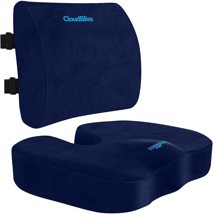 CloudBliss Seat Cushion,Office Chair Cushions,Car Seat Cushion,Lumbar Support Pillow for Office Chair,Back Support Memory Foam Pillow Coccyx Cushion for Tailbone Pain,Sciatica & Back Pain Relief -Blue