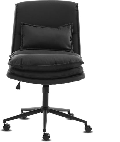 VINGLI Cloud Criss Cross Legged Chair,18" High Back Armless Home Office Desk Chair with Wheels,Wide Adjustable Comfy Padded Seat Task Computer Chair,Modern Swivel Makeup Vanity Chair,Microfiber,Black