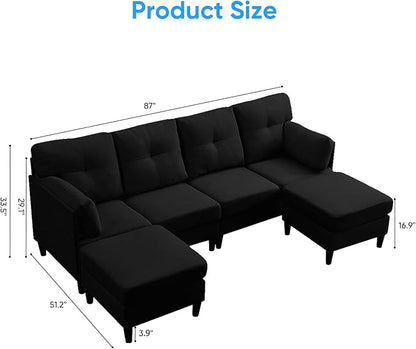 PUREMIND Sectional Couches for Living Room, Modern Snow Velvet U-Shaped Sofa Couch with Double Chaise, Upholstered 4 Seater Home Sofa for Living Room, Apartment, Office, Black