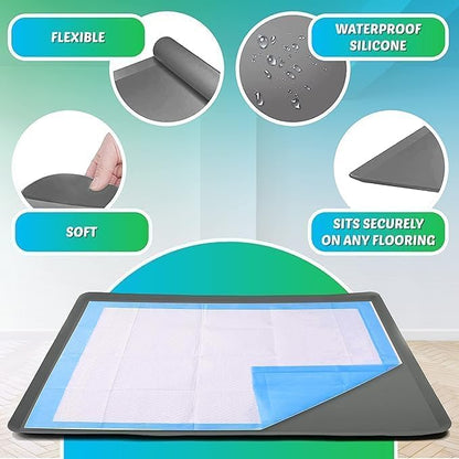 Skywin Dog Pee Pad Holder - Fits Up to 30” x 36” Pee Pad - 2 Pack - Grey | Stable Grip, Soft Edges, Quick Wipe Silicone Surface, Dog Pad Holder for Indoor Flooring Protection
