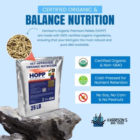 Harrison's Bird Foods HOPP Premium Pellets – Organic, Nutritionally Balanced Food for Small to Medium Pet Birds, Cold-Pressed, Low Fat, Vet-Developed, 25LB
