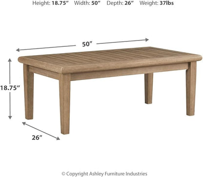 Signature Design by Ashley Gerianne Contemporary Outdoor Rectangular Cocktail Table, Slatted Top Sheds Rainwater, Eucalyptus Wood, 50" W x 26" D x 18.63" H, Beige