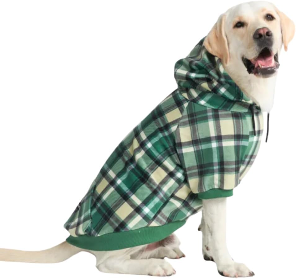 Spark Paws Dog Hoodie – Premium Dog Sweater for Small, Medium, and Large Dogs | Warm Outfits for French Bulldogs, Pitbull, Puppy, Winter Jacket Alternative - Green Plaid - 5XL