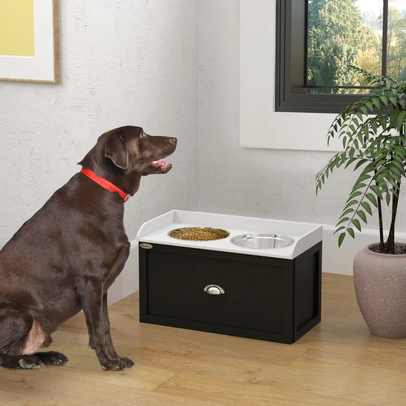 PawHut Pet Feeding Station Pet Dish Bowl Set With Storage, 2 Elevated Dog Bowls For Large Sized Dogs, White And Black