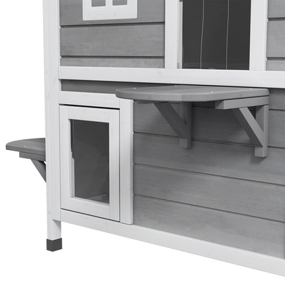 2-story Cat House Outdoor, Weatherproof Wooden Cat Enclosure for Feral Cats with Escape Door, Openable Roof, Jumping Platforms, Gray
