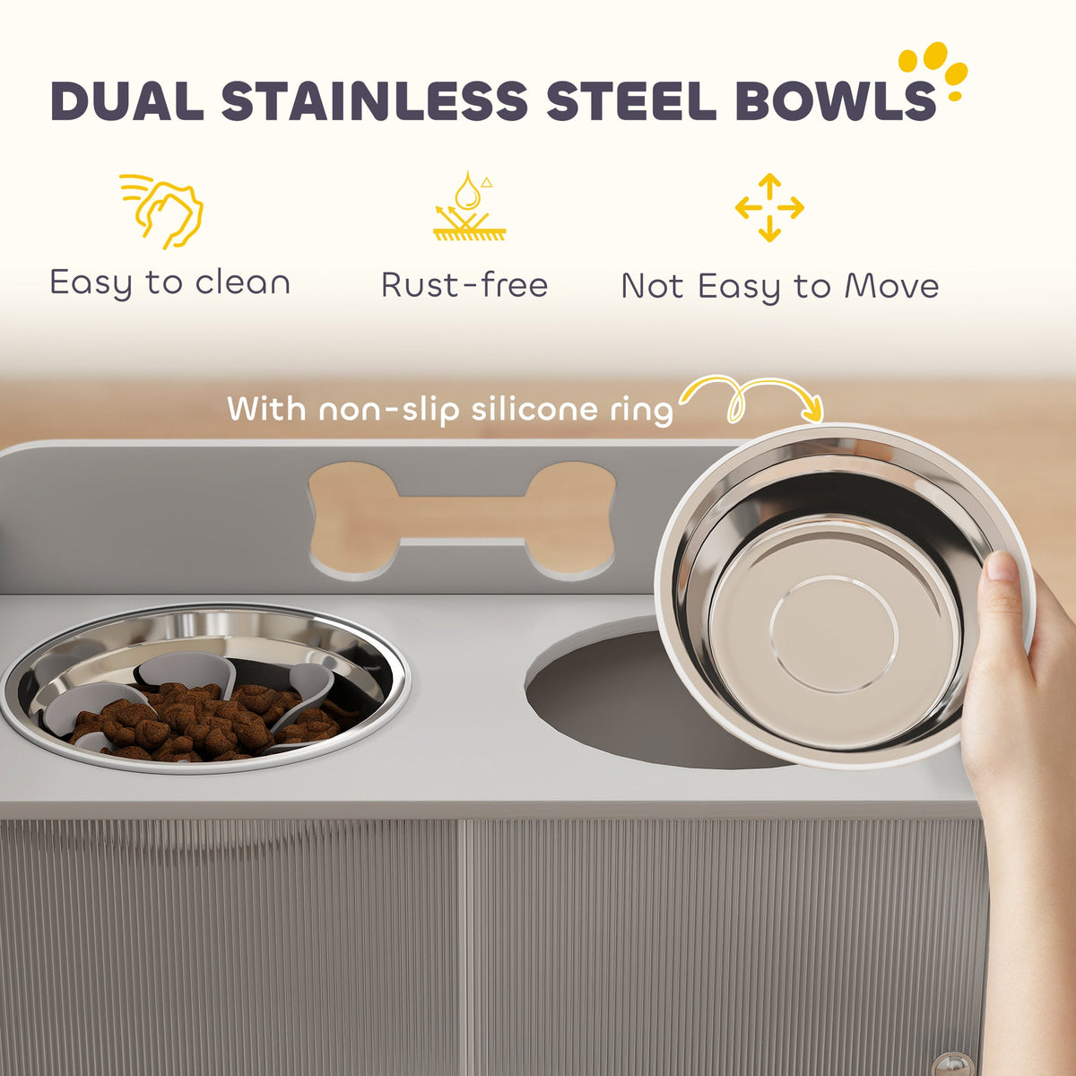 Elevated Dog Bowls with Storage, Raised Dog Bowl Stand with 2 Stainless Steel Bowl for Large Dogs, Gray