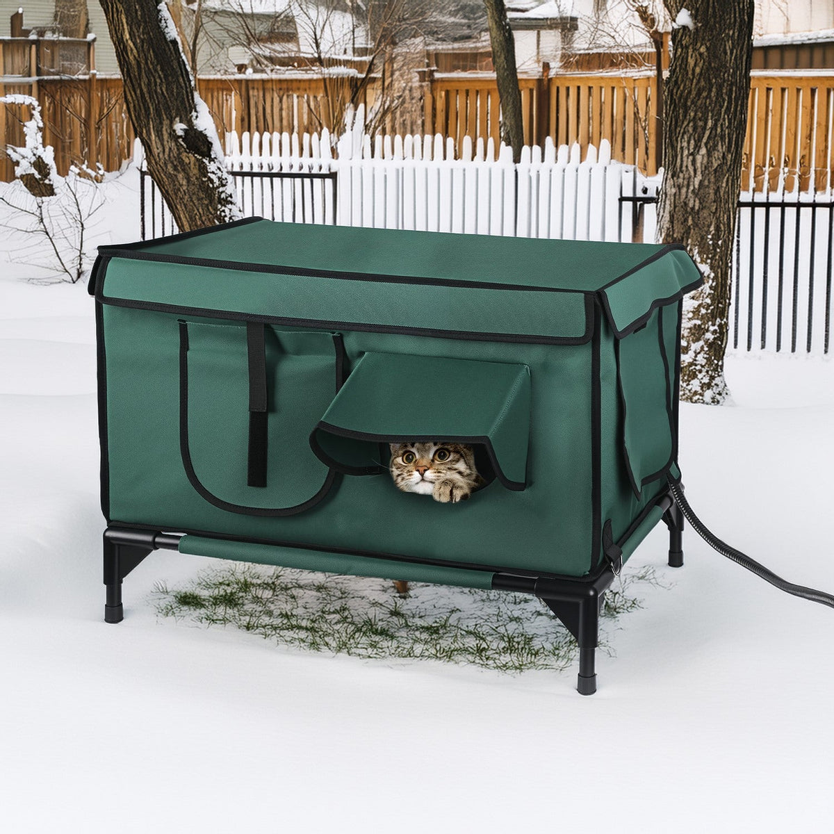 1Pc Waterproof Heated Cat House Outdoor Weatherproof Insulated Kitty Shelter Feral Cat Heating Bed With Heating Pad Anti-Chew Cord 2 Doors 3 Windows For Indoors Outdoors Winter Summer