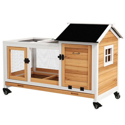 Wooden Rabbit Hutch With Wheels, Run, Slide-out Tray For Small Animals, Guinea Pig, Yellow