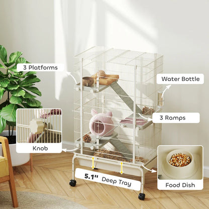 47inch Small Animal Cage, 4 Levels Large Rolling Metal Ferret Cage W 5.9Deep Tray, Ramps, Water Bottle, Food Dish, Beige