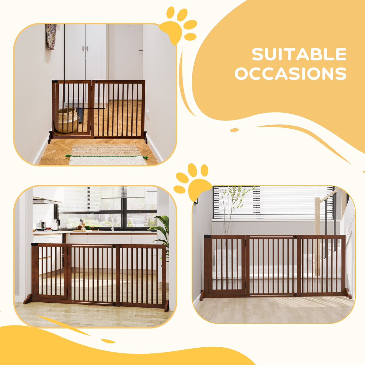 Freestanding Length Adjustable Wooden Pet Gate with Lockable Door 3 Panels, Brown