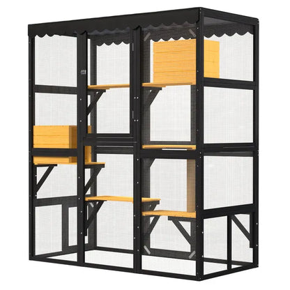 Cat Catio Outdoor Cat Enclosure For Multiple Indoor Outdoor Cats, Large Wooden Walk-in Cat House With Window Connection , 2 Condos, 5 Platforms, 4 Doors, And Weatherproof Roof Cover