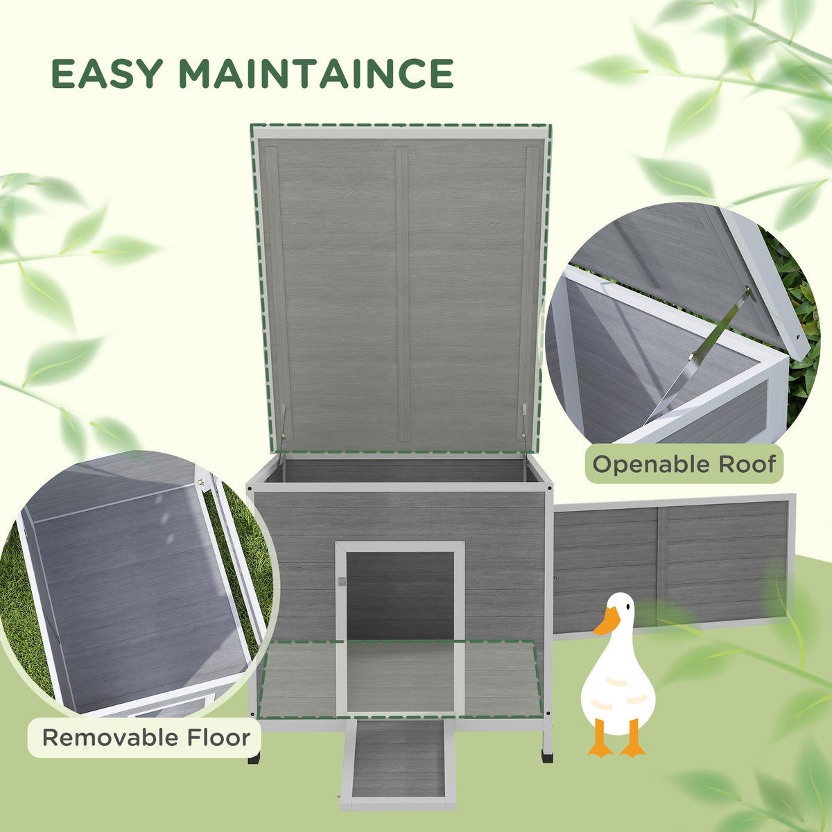 Wooden Duck Coop with Openable Roof, Removable Floor, Double Doors, Ramp, for 3-6 Ducks, Chickens, 30" x 38" x 30"