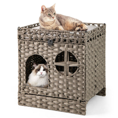 2-Tier Wicker Cat Condo With Litter Mat - Hidden Litter Box Enclosure, Detachable Washable Cushion, Gray Rattan