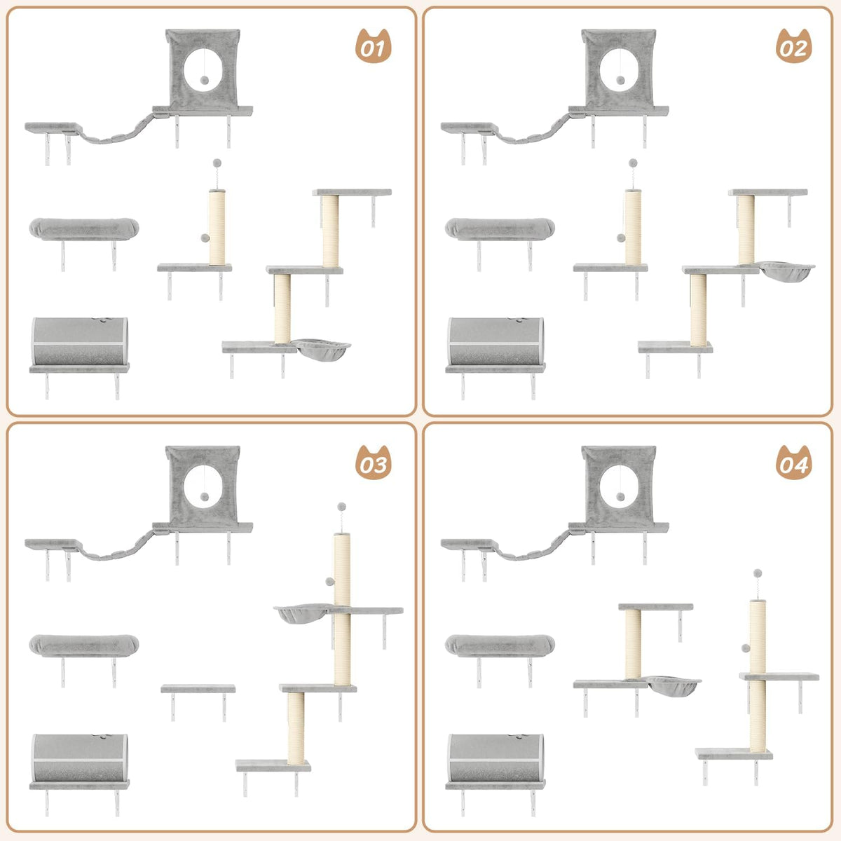 NUNU LAB 7-in-1 Wall Mounted Cat Climber Set, Cat Furniture Set with House, Tunnel, Bridge, Tree, Steps, Scratcher Board, Hammock, Luxury Wall Shelves for Indoor, Gray