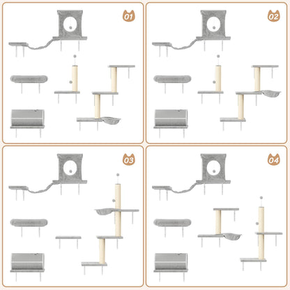NUNU LAB 7-in-1 Wall Mounted Cat Climber Set, Cat Furniture Set with House, Tunnel, Bridge, Tree, Steps, Scratcher Board, Hammock, Luxury Wall Shelves for Indoor, Gray