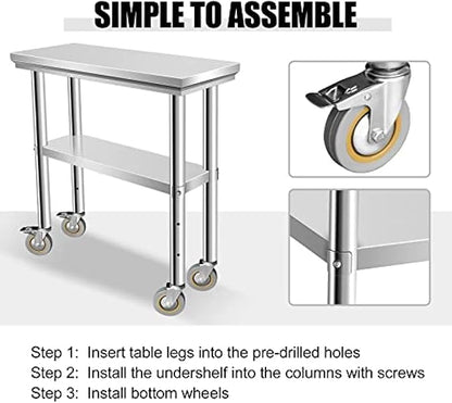 Stainless Steel Table - Metal Table Cart - Commercial Workbench with Caster Wheel - NSF Certified - for Restaurant, Warehouse, Home, Kitchen, Garage,30''x12''