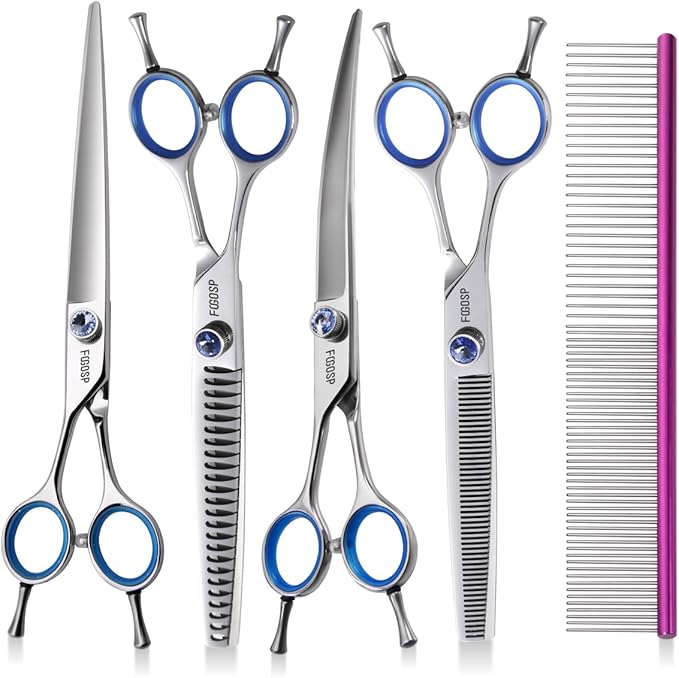 Left Handed Dog Grooming Scissors Kit 7 in Professional Curved Thinning Straight Shears 3pcs Set for Grooming Dogs Cat Pet Japanese 440C Stainless Steel(7.0'' Kit, 4Pcs)