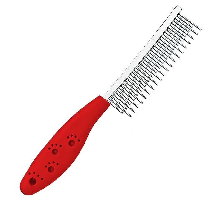 Dog or Cat Comb Grooming with Short and Long Teeth Dematting Knots Tangles Remover Combs Detangler Tool Suitable for Dogs Cats Poodle HorseStainless Steel Pin (Red)