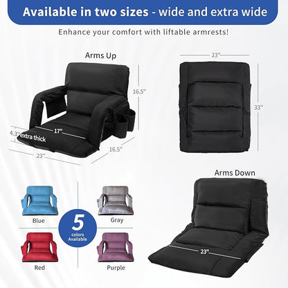 Aventorixis Wide Stadium Seats with Back Support – 2 Pack Sofa Style Bleacher Chairs, Thick Cushions, 6 Reclining Positions for Ultimate Comfort (Black-2 Pack, Wide|22.5")