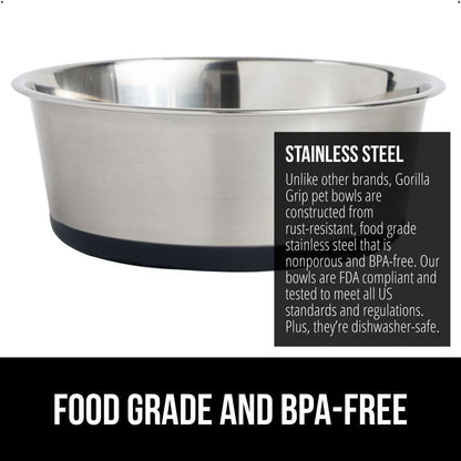 GORILLA GRIP Set of 2 Dog Bowls, Holds 6 Cups (48 fl oz), Heavy Duty Metal Food and Water Bowl for Feeding Dogs and Cats, Dishwasher Safe, Rust Resistant Stainless Steel, BPA Free Rubber Base, Black
