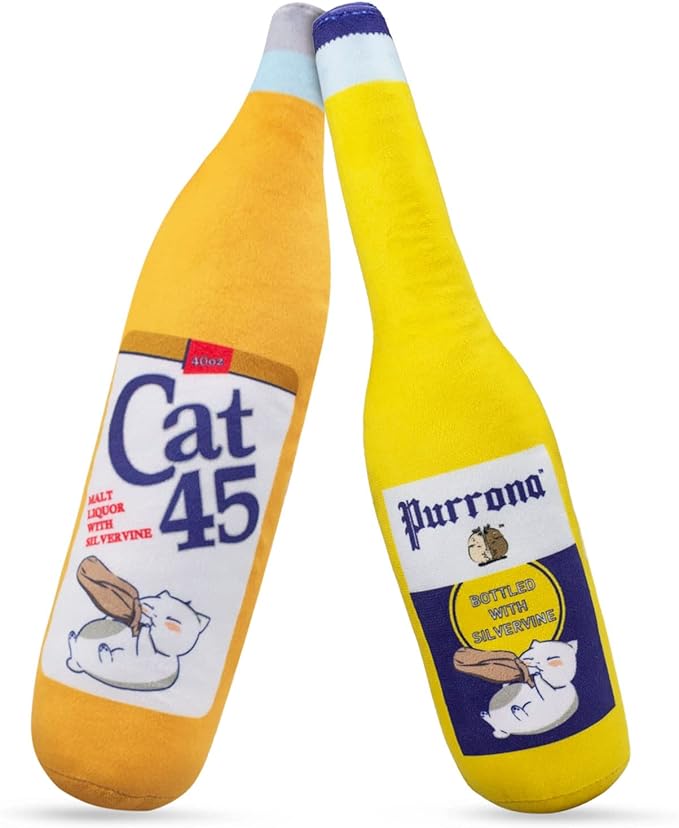 KittiForti 2-Pack Organic Silvervine Catnip Substitute Toys for Cats & Kittens | 100% All-Natural Wild Harvested Silvervine | 2 Refillable Beer Bottle Kicker Cat Toys