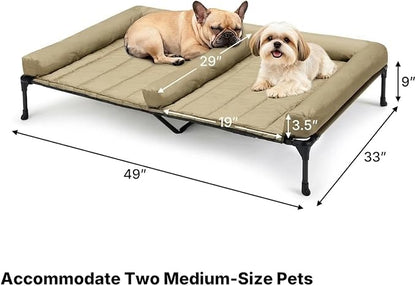Veehoo Elevated Dog Bed for 2 Dogs, Cooling Raised Dog Bed with Bolster Mat | Outdoor Double Dog Bed with Removable Waterproof Cushion, Breathable Mesh, Non-Slip Feet for Outdoor & Indoor, 49", Beige