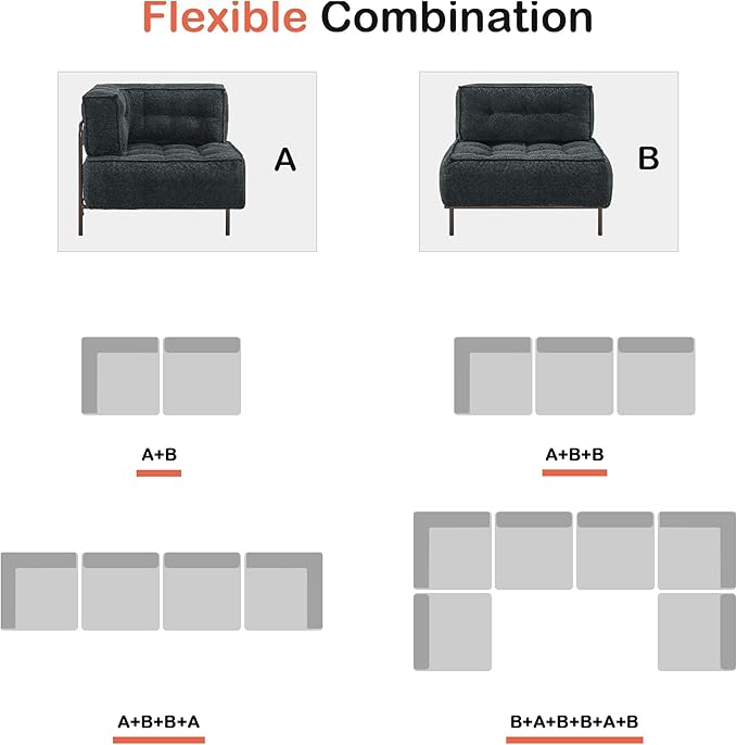 MCombo Modular Sofa Couch with Removable Cushion, Accent Sofa Chair, Upholstered Sofa for Living Room, Apartment, Office (Grey, Three Seats)