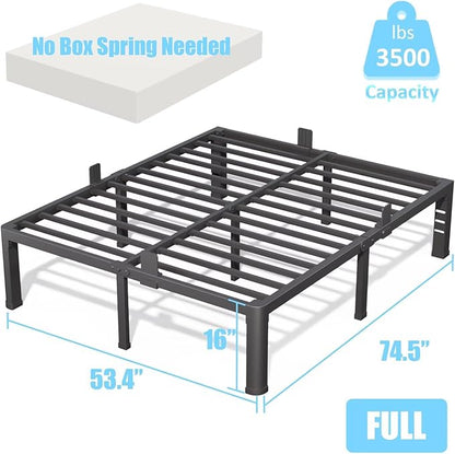 FUIOBYVV 16 Inch Full Bed Frame with Rounded Corner and Headboard Hole Mattress Retainers 3500 LBS Metal Heavy Duty Steel Slats Support No Box Spring Needed Platform Noise Free Easy Assembly
