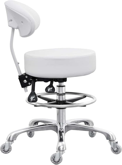 Grace&Grace Drafting Chair Big Cushion Rolling Stool with Back, Tall Shop Stool Rolling Chair with Footrest for Studio, Workshop, Classroom, Lab, Counter, Home Office (White)