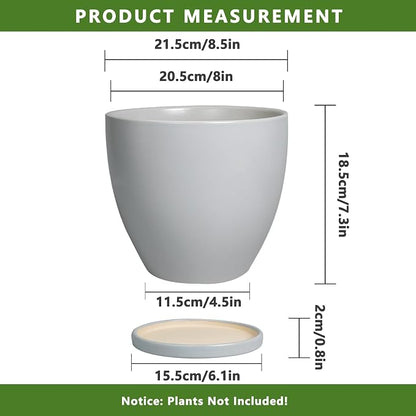 Ceramic Pots for Plants - 8 Inch Planter, Indoor Plant Pot with Drainage Hole and Saucers, Modern Flower Planters, Home Garden Patio Bathroom Porch Room Decor, Gray