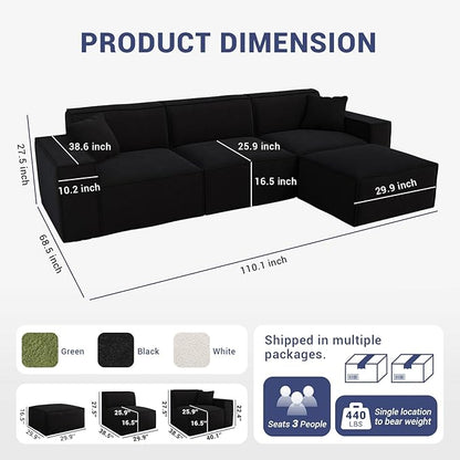 110"Cloud Sectional Couch, Chenille Boneless Couch L Shaped with Deep Seats & Wide Armrests, Convertible Modular Sectional Sofa Memory Foam Compression Floor Sofa for Living Room, No Assembly Required