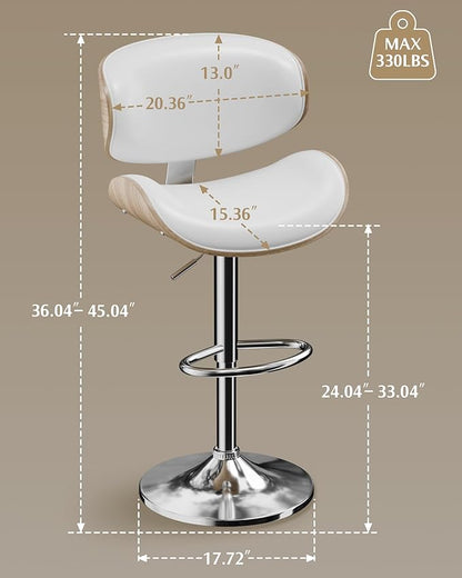Aowos Bar Stools Set of 2, Adjustable Swivel Leather Bar Stools for Kitchen Island, Mid Century Modern Counter Height Bar Chairs Barstools with Back & Footrest (Cream White)