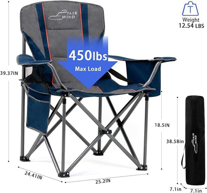 FAIR WIND 2 Pack Oversized Fully Padded Camping Chair with Lumbar Support, Heavy Duty Cooler Bag Fold Chair Support 450 LBS, Blue