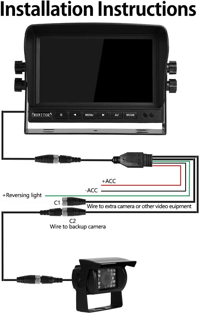 Backup Camera System Kit 7" LCD Reversing Monitor +Rear View Back Up Camera with 170 ° Wide Angle, Waterproof IP68, 18 Infrared Night Vision for Trucks/RV/Trailers/Bus/Vans/Box Truck