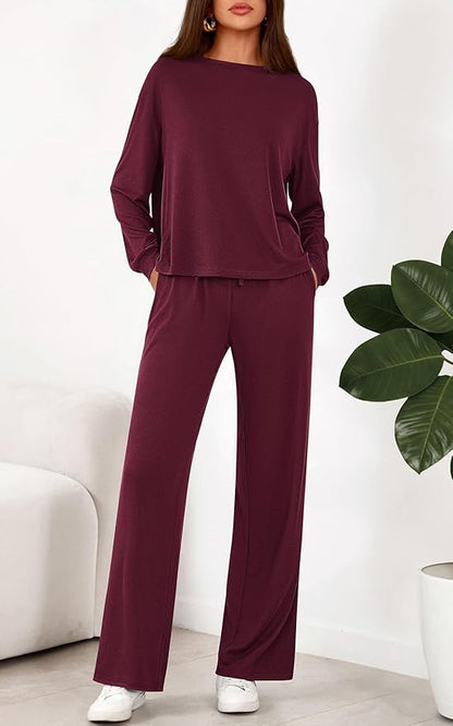 PRETTYGARDEN Womens 2 Pieces Lounge Sets Crewneck Long Sleeve Wide Leg Drawstring Pants Tracksuits Loose Fit Outfits Set