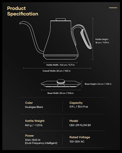 Cocinare FLOW B9 Gooseneck Electric Kettle, Precise Temperature Control