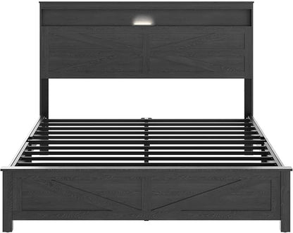 Farmhouse Wooden Bed Frame Queen Size with Storage Headboard, Boho Platform Bedframe with LED Lights and Charging Station, Metal Slats Support, No Box Spring Needed, Black