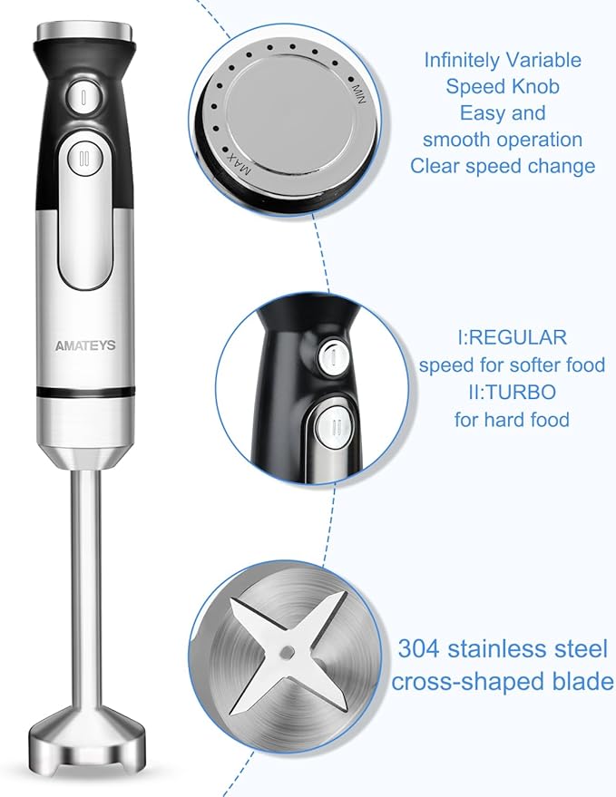 Handblender with Plug, Immersion Blender Handheld, Heavy-Duty Copper Motor