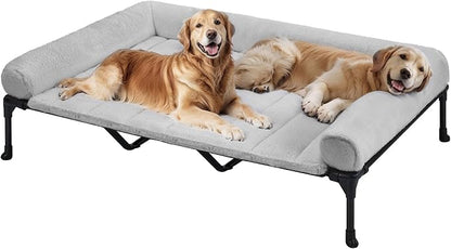 Veehoo Orthopedic Elevated Dog Bed with Fluffy Plush Bolster Cushion, Indoor Raised Dog Beds for Large Dogs, Soft Pet Sofa Cot with Removable Washable Mat, No-Slip Feet, 59 x 37 inches, Grey