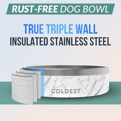 Coldest Dog Bowl - Anti Rust Metal & Non Slip Dog Bowls Large, Spill Proof Heavy Duty 3 Layers Insulated Dog Bowl - Food and Water Bowl for Dogs, Cats & Pets, Dishwasher Safe (42 oz, Carrara Marble)