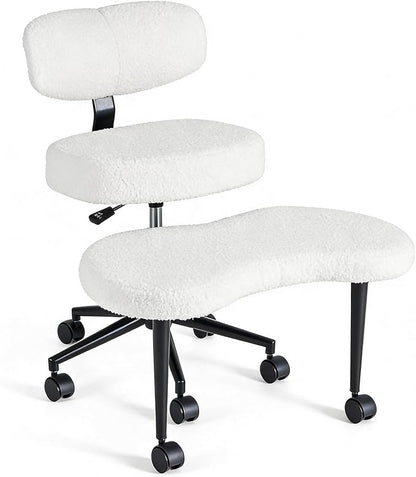 DUMOS Ergonomic ADHD Cross Legged Office Desk Chair with Adjustable Backrest, Height Adjustbale Meditation Chair with 360° Swivel Footstool, Teddy Fabric Yoga Stool for Home Office, White