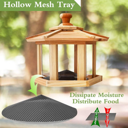 Solution4Patio Bird Feeder for Outdoors - USA Cedar Hexagon Gazebo Bird Feeders with Vented Mesh Tray, Easy-Clean & Fill Design 9.6" Dia. X 8.7" H 3.2-lb Capacity